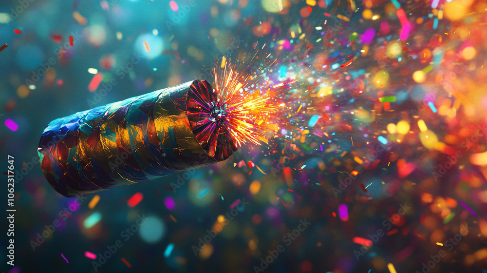 Aufkleber giant christmas cracker floating in the air, bursting open with confetti and streamers in a rainbow 