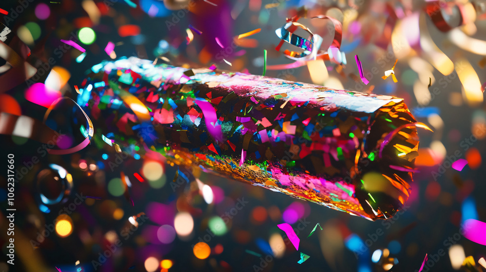 Aufkleber giant christmas cracker floating in the air, bursting open with confetti and streamers in a rainbow 