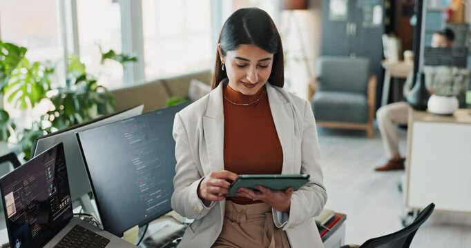 Research, programmer and business woman on tablet for software development, scroll or reading. Code, digital technology and happy engineer work on game design, database or website in creative startup