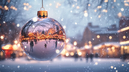 Giant Christmas Ornament Hovering Over a Snowy Town Square, Reflecting Twinkling Lights and Snowflakes 
