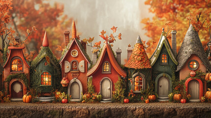 A row of charming miniature houses with autumnal details and pumpkins.