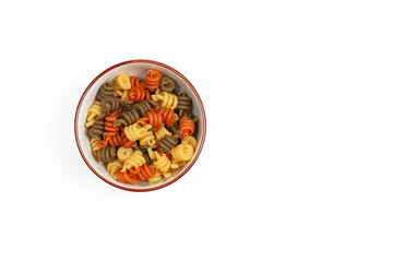 Colorful Spiral Pasta in White Bowl
