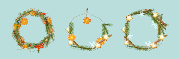 Sustainable Christmas. Seasonal handmade garlands set. Editable vector illustration