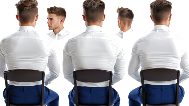 Young Men in White Shirts and Blue Chinos Seated From the Back Generative AI