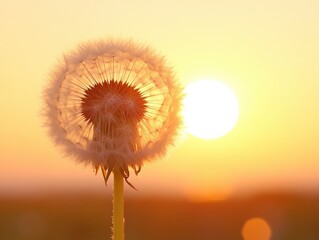 A delicate dandelion against a soft, warm sunset symbolizes hope and comfort, suitable for condolence and support cards during times of loss.