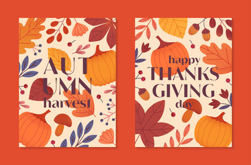 Autumn thanksgiving and harvest seasonal poster with pumpkins,leaves,berries,plants in fall colors.Vector autumn seasonal illustrations.Trendy fall templates for prints,ad,smm,banners,invitations
