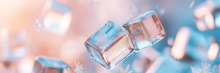 Close-up of glistening ice cubes against a soft, blurred background.