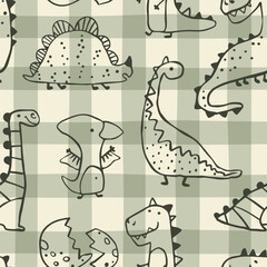 Gingham Dino vector seamless pattern with hand drawn dinosaurs and tropical plants and palm trees. Contours on a green khaki background. Ideal for baby textiles, clothing and decor.