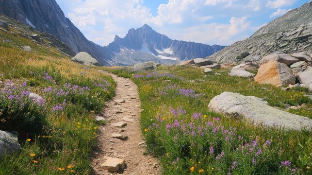 Rocky mountain path leading to a distant peak, with wildflowers growing in patches along the trail
