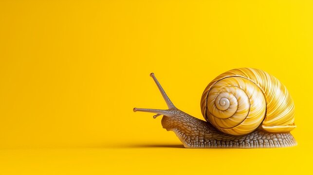 A vibrant yellow snail slowly gliding across a bright yellow background. A colorful snail moves gracefully over a vivid yellow surface, showcasing its unique shell.