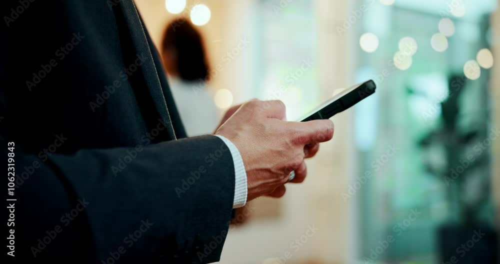 Aufkleber business person, phone and hands in hotel for travel, social network and communication with client. 