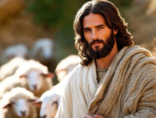 A serene image of a shepherd with a calm expression, surrounded by sheep under bright sunlight. The scene conveys peace and tranquility.