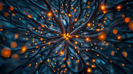 Abstract glowing network of branches, with an intricate pattern and bokeh effect.