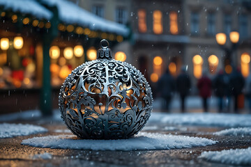 Winter romantic walk through Christmas Prague. Beautiful vintage snow-covered streets with festive...