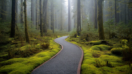 Obraz premium A winding path leads through a lush, mossy forest on a misty day.