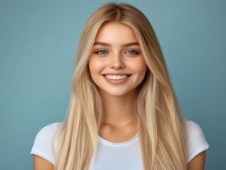 A smiling young woman with long blonde hair against a blue background, exuding a sense of warmth and positivity.