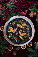 Napoleon cake on a fir background. Christmas cake. Napoleon cake for Christmas dinner