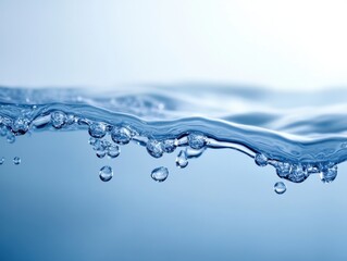 A cinematic 8k image of a blue water splash with droplets, captured against a light background, evoking a sense of freshness and purity.
