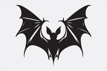 A black silhouette of a flying bat with outstretched wings.