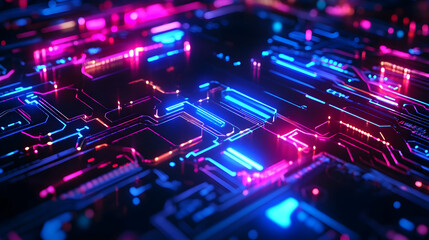 A digital circuit board glowing with vibrant pink and blue neon lights, highlighting technological innovation and complexity.