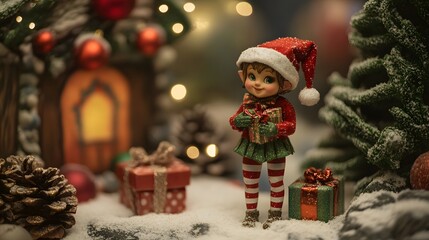 Christmas elf with a toy sack and gifts