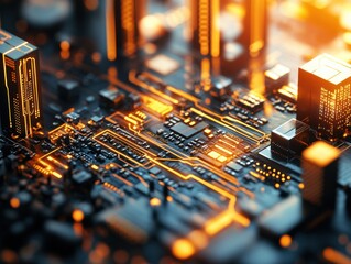 A high-tech data network, featuring glowing orange circuit paths over a miniature cityscape, showcasing a vibrant digital landscape.