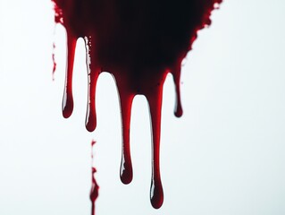 Dripping blood against a white background, showcasing the vibrant red liquid in sharp contrast. The image captures the fluid movement and texture with striking clarity.