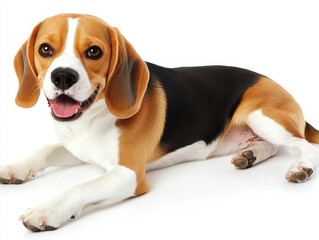 A joyful Beagle lies on a white background, showcasing its playful and friendly nature. The dog's eyes sparkle with energy and its tail wags happily.