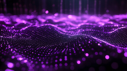 A grid of glowing purple dots forming a surreal and futuristic energy wave in an abstract digital landscape.