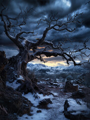 The gnarled tree looms over a winter landscape, its branches stark against a darkening sky. Snow blankets the ground, contrasting with rugged terrain as the sun sets beyond the mountains.