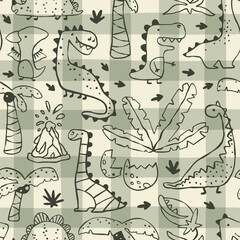 Gingham Dino vector seamless pattern with hand drawn dinosaurs and tropical plants and palm trees. Contours on a green khaki background. Ideal for baby textiles, clothing and decor.