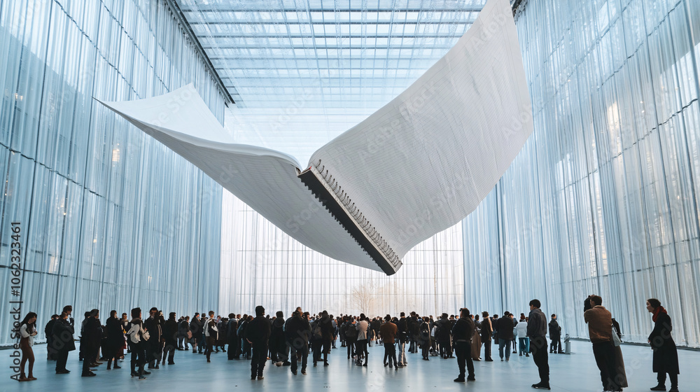 Poster giant floating notebook page unfolding in mid-air, with rows of people below watching intently