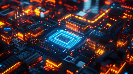 Obraz premium A neon-lit circuit board with a glowing blue core, surrounded by intricate pathways and vibrant orange highlights.