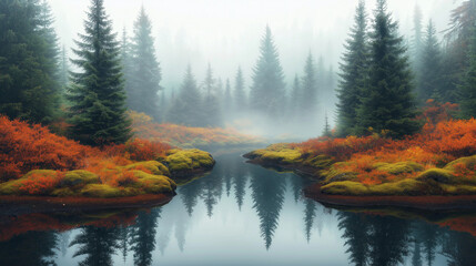 A misty forest scene with a still, reflective creek, the trees reflected in the water. - Powered by Adobe