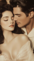 Retro vintage poster, with a beautiful couple in love, in an elegant but sensual mood	
