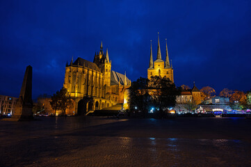 cathedral square in Erfurt with view to cathedral and church Severi in the blue hour