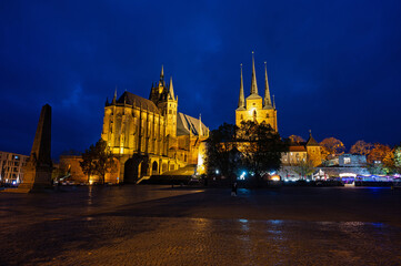 cathedral square in Erfurt with view to cathedral and church Severi in the blue hour