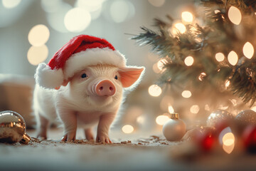 Adorable piglet wearing a Santa hat sits on a soft rug with Christmas lights bokeh in the...