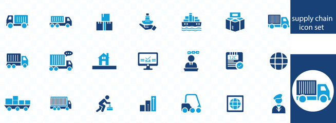  web icons related to supply chain, value chain, logistic, delivery, manufacturing, commerce. Outline icon collection