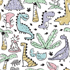 Seamless pattern with doodle dinosaurs, cracked eggs, and tropical plants, colored with marker strokes. Black outline and colorful fill on a white background. Great for kids clothing, playful decor. © Світлана Харчук