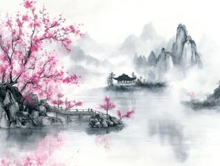 A traditional Chinese ink painting depicts a serene landscape with pink blossoms, mist-covered mountains, and a tranquil lake reflecting a pagoda.
