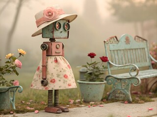 Vintage-style robot dressed in a floral skirt and sunhat with a flower, standing in a foggy garden near a rustic bench, creating a whimsical and nostalgic scene