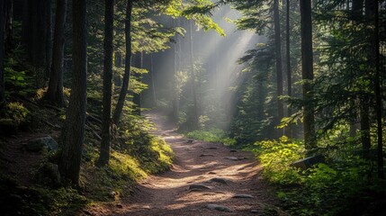 Fototapeta premium Rugged mountain trail winding through a dense forest, with patches sunlight filtering through the trees
