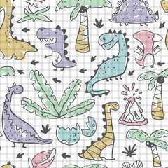 Seamless pattern of hand-drawn dinosaurs, cracked eggs, and tropical plants, colored with markers on a grid background resembling notebook paper. Playful doodle style, for school supplies and kids.