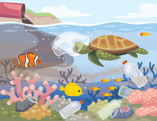 A turtle swims underwater. Underwater life with  turtle. Contaminated sea with plastic bags, cans and bottles. Dirty water. Ocean life in danger.