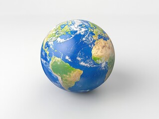 Fototapeta premium A realistic depiction of Earth on a white background, emphasizing the planet's vibrant blue oceans and diverse continents. A symbol for Earth Day and environmental awareness.