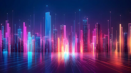 Fototapeta premium A vibrant skyline with neon-lit skyscrapers in shades of pink, purple, and blue under a starry night, exuding a futuristic atmosphere.