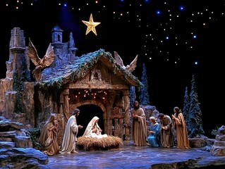 A beautiful nativity scene depicting the birth of Jesus, featuring Mary, Joseph, and others under a starry night sky with a prominent shining star.