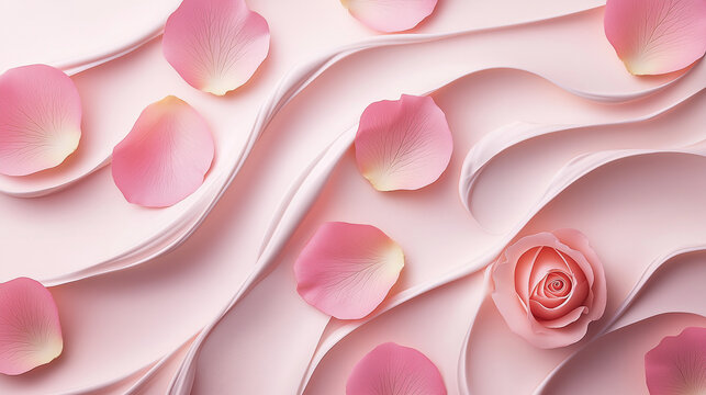 Delicate pink rose petals and a single rose on a smooth, rippling surface. - Powered by Adobe