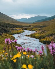 Scenic highland valley with a flowing river, surrounded by rolling hills and dotted with wildflowers under a clear sky